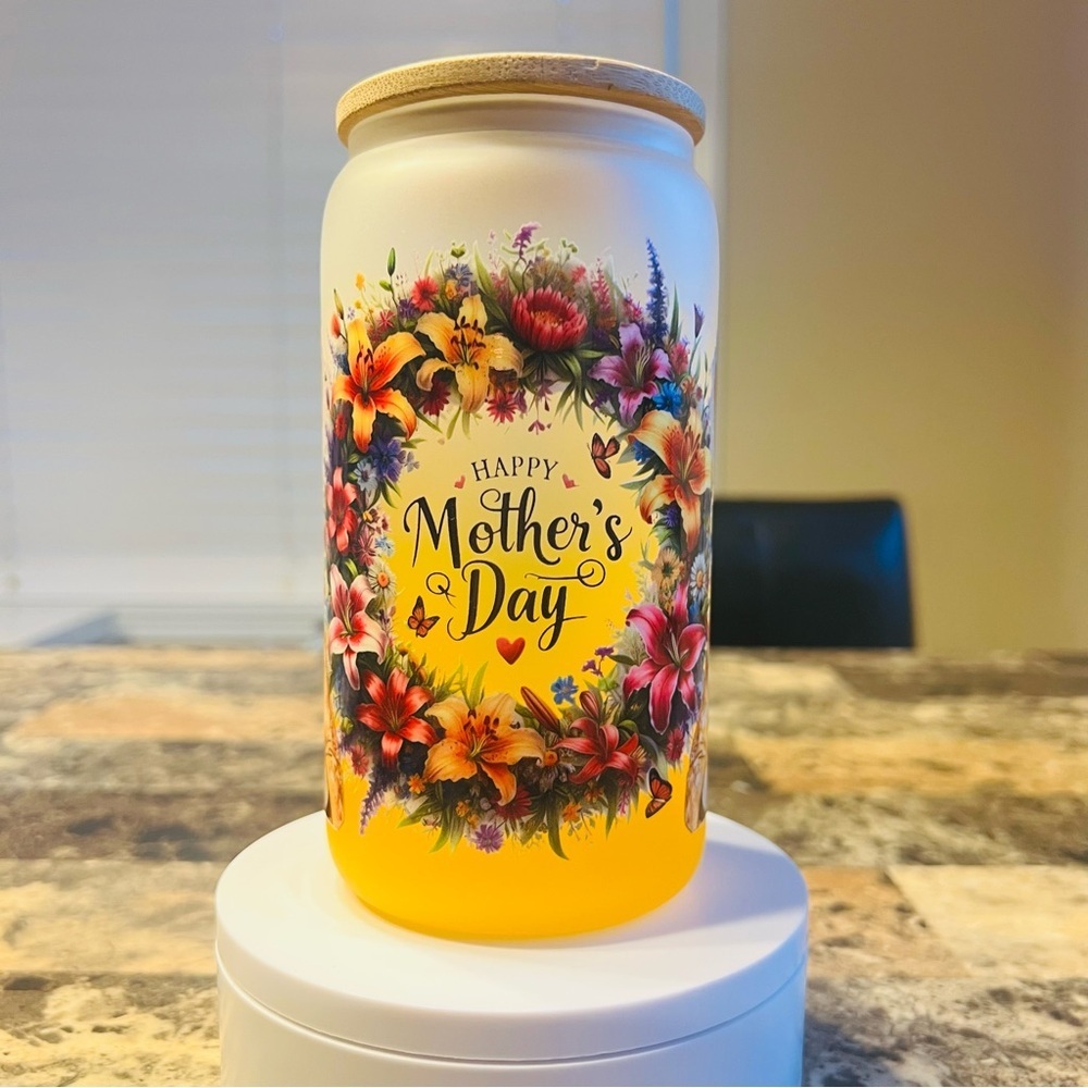 Happy Mother's Day Floral 16 oz Glass Tumbler- Yellow & White